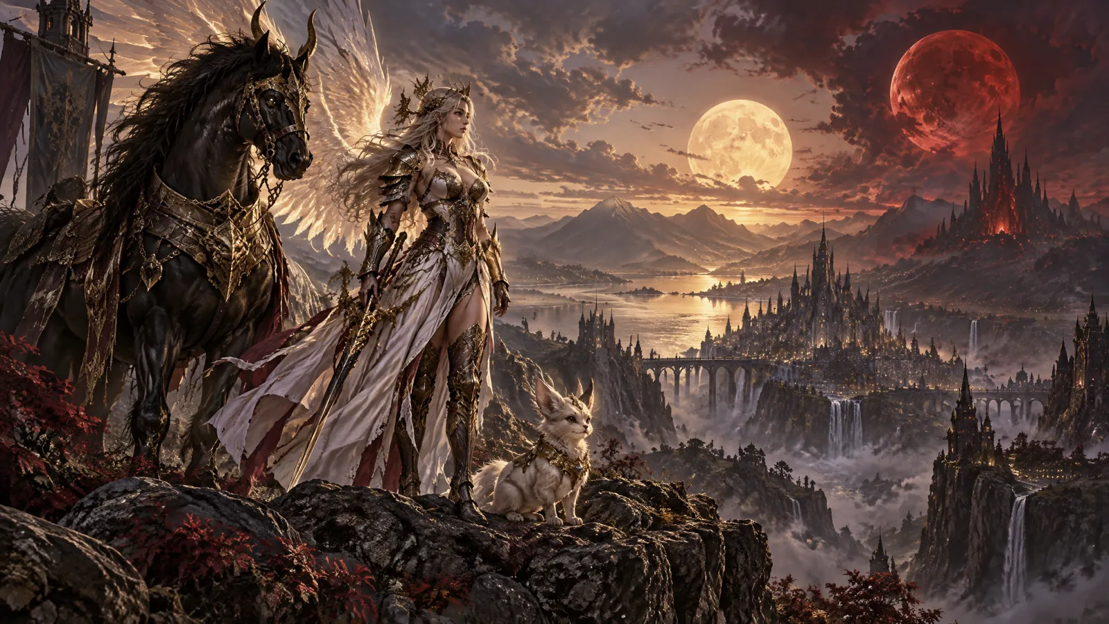 A winged heroine beside her armored mount and a small pet