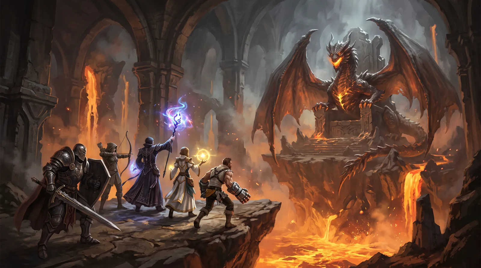 A party of adventurers facing a giant dragon underground