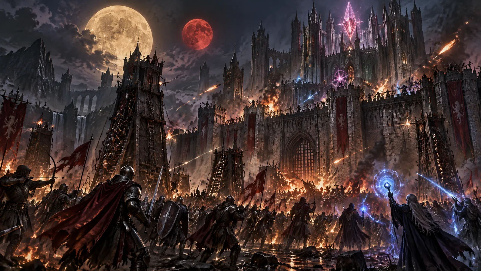 Armies storming a gothic castle at night