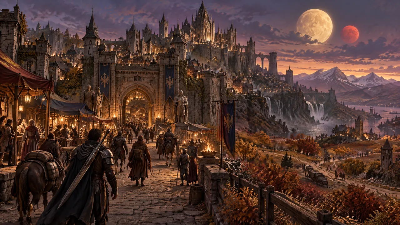 A castle town at dusk with two moons rising