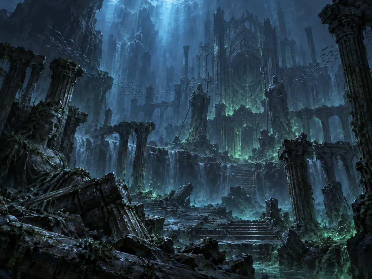 Sunken temple ruins lit by blue light