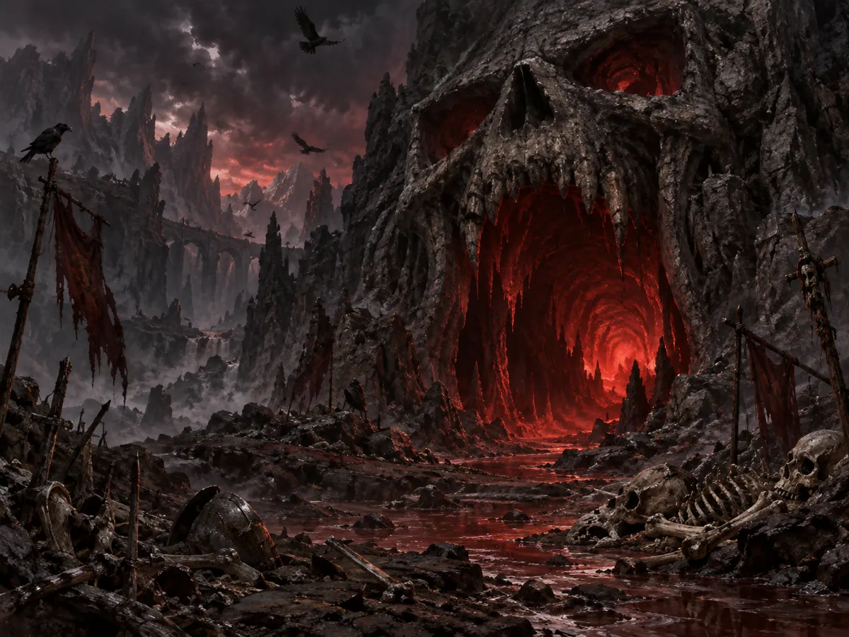 A cave mouth glowing red
