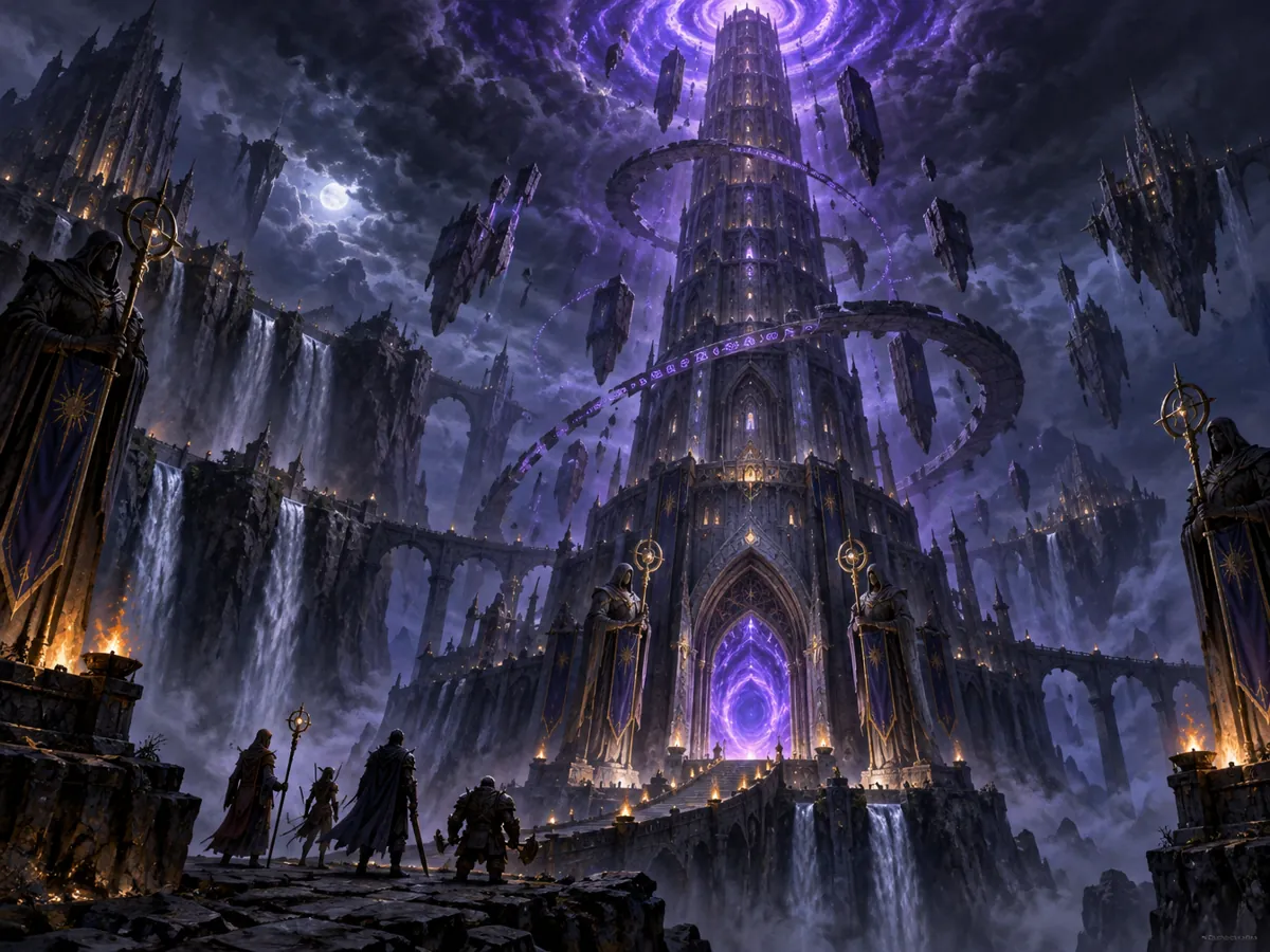 A tower wrapped in violet magic